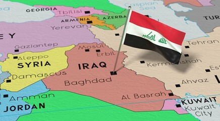 Iraq, Baghdad - national flag pinned on political map - 3D illustration