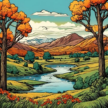 AI generated illustration of a river winding through a forest of trees, against rolling hills