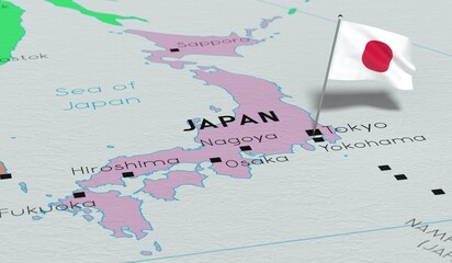 Japan, Tokyo - national flag pinned on political map - 3D illustration