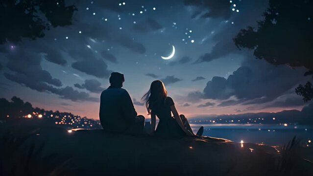 Cute couple watching a beautiful sparkling sky. A couple in love looks at the stars. Valentine's Day. Color illustration. Sparkling galaxy. Romantic Valentine Love