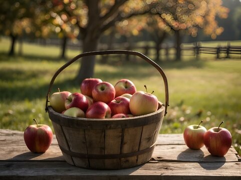AI generated illustration of a wicker basket surrounded by ripe apples on a wooden tabletop