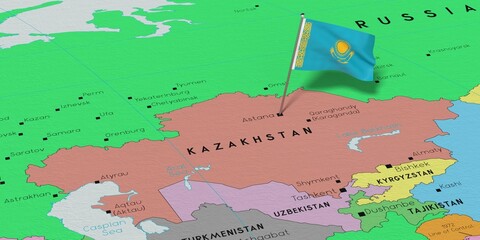 Kazakhstan, Astana - national flag pinned on political map - 3D illustration