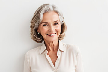 Portrait of beautiful older woman smiling and standing by white wall. A place for text, a banner for advertising. - obrazy, fototapety, plakaty