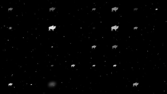 Template animation of evenly spaced buffalo symbols of different sizes and opacity. Animation of transparency and size. Seamless looped 4k animation on black background with stars