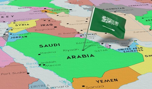 Saudi arabia, Riyadh - national flag pinned on political map - 3D illustration