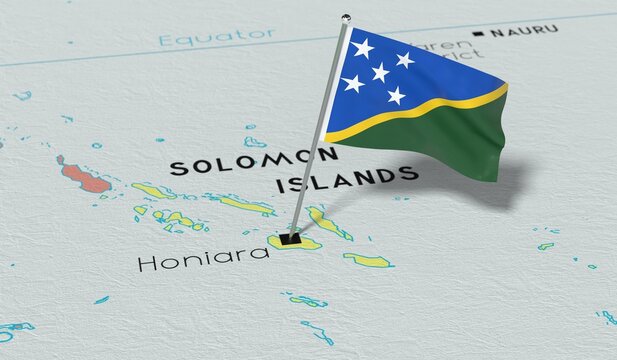 Solomon Islands, Honiara - national flag pinned on political map - 3D illustration