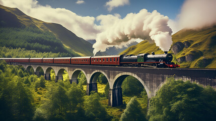 The Magical Railroad Adventure with Hogwarts Express Scenery, Mystical Tracks, Hogwarts Express Adventure Through the Fantasy Train Scenery generative AI   - obrazy, fototapety, plakaty
