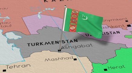 Turkmenistan, Ashgabat - national flag pinned on political map - 3D illustration