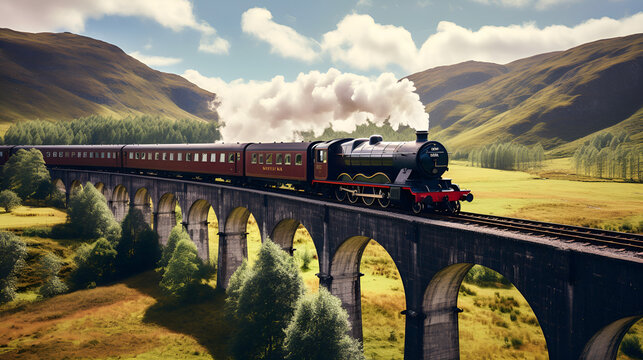 Nature's Spell, The Whimsical Beauty of a Scenic Train Ride on Hogwarts Bridge, Embarking on a Journey Through the Serene Train Scenery  generative AI  