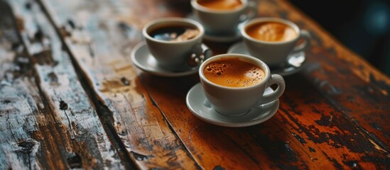 Coffee cups with milk on a wooden table, made with espresso shots, served in an Italian coffee shop. Brown hot caffeine beverage in a cafeteria with copy space.