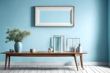 An HD capture of a living room with a blank frame suspended above a minimalist wooden console table, set against a backdrop of light blue walls.