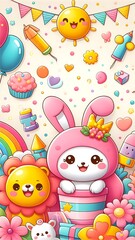 Colorful and imaginative children's illustrations, with adorable animal characters and free-floating balloons.