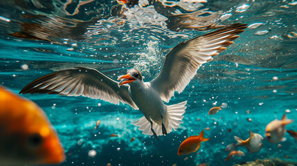 Seagulls catching fish in the water
