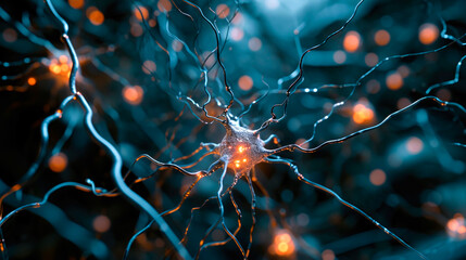 Neurons activity. Synapses and axones transmitting electrical signals. AI generated - obrazy, fototapety, plakaty