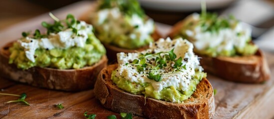 Grilled or toasted bread with cream cheese and avocado spread. - obrazy, fototapety, plakaty