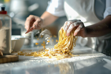 Close up hands of a chef making homemade pasta in background of modern kitchen. Cooking concept of food and homemade,