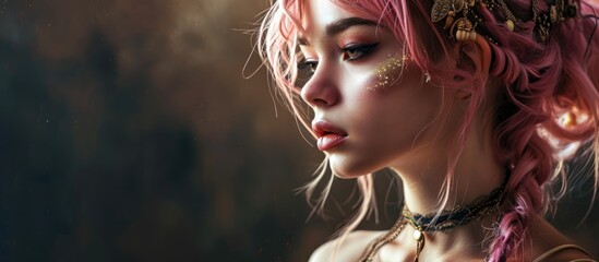 Suspicious elegant lady with pink hair and regal accessory. - obrazy, fototapety, plakaty