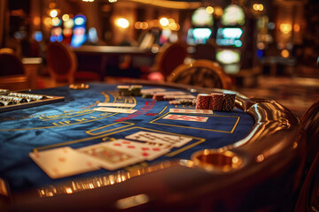 poker table with chips and playing cards in a casino