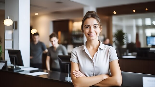 A confident receptionist at the front desk, welcoming demeanor , confident receptionist, front desk, welcoming demeanor