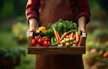 A man holding a box with fresh vegetables. Healthy eating concept. - Powered by Adobe