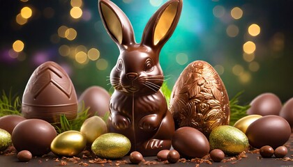 Easter background with chocolate Easter eggs and chocolate bunny