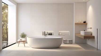 Fototapeta na wymiar a minimalist bathroom with an oval freestanding tub, a floating wooden vanity with a rectangular basin, Luxury beauty, cosmetic, skincare, body care, product background 3D