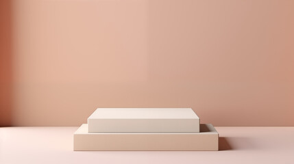 a minimalist setting with two geometric, rectangular platforms in a soft pastel peach room,product background