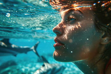 close up view of a beautiful girl in swimsuit swimming under water in the ocean with dolphins