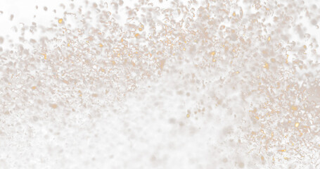Ground Coffee roasted powder dust fly explosion, Coffee crushed ground float pouring. Roasted Coffee powder ground dust splash explosion in mid Air. Black background Isolated selective focus blur
