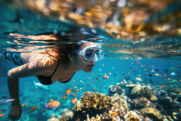 a beautiful girl in swimsuit swimming under water in the ocean with colorful coral reefs and fishes