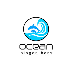 ocean logo design template blue waves accompanied by two dolphins jumping