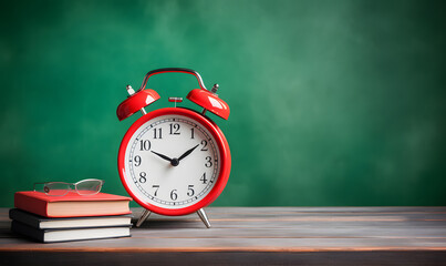 Alarm clock and different stationery on wooden table near green chalkboard. School time