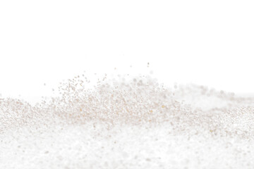 Ground Coffee roasted powder dust fly explosion, Coffee crushed ground float pouring. Roasted Coffee powder ground dust splash explosion in mid Air. Black background Isolated selective focus blur