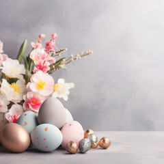Primavera: Uova di Pasqua Scintillanti Tra Boccioli di Ciliegio su un Sfondo Grigio. Un Simbolo di Rinascita e Gioia, la Perfetta Celebrazione Pasquale Tra Natura Fiorita e Tradizioni