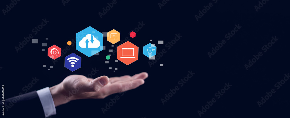 Poster businessman hand holding smartphone and laptop with cloud computing diagram show on hand. cloud tech