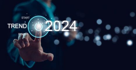 Changes in new planning, Hand using laptop with number 2024 new year, start new year concept digital trends,industry and business trend, strategy, investment, business planning and happy new year