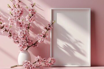 Mockup poster frame close up, 3d render minimalist top shot, new year theme, cherry blossom branches concept