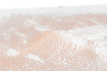 Ground Coffee roasted powder dust fly explosion, Coffee crushed ground float pouring. Roasted Coffee powder ground dust splash explosion in mid Air. Black background Isolated selective focus blur