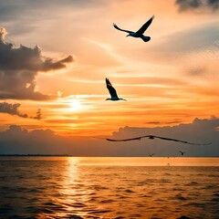 Fototapeta na wymiar Landscape of the sunset over the sea with seagull are flying on the sky at Samut prakan province ,