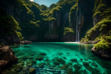 A secluded lagoon with crystal-clear water, surrounded by towering cliffs and lush greenery on a...