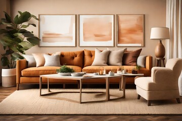 A cozy and inviting living space with an empty frame above a comfortable sofa, warm color palette, and soft, textured decor.