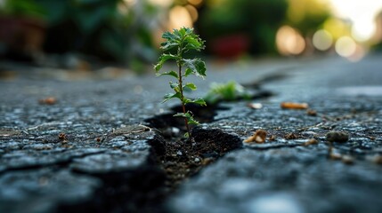 sprout seedling tree growing out crack in concrete pavement