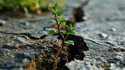 small tree sapling growing out of concrete pavement on the road