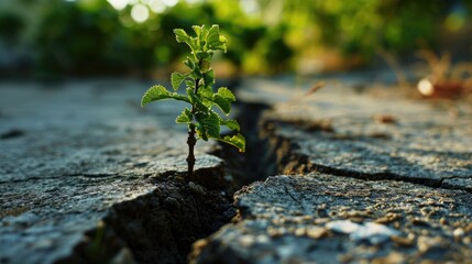 small tree sapling growing out of concrete pavement on the road