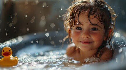 Fototapeta na wymiar portrait of small child girl taking bath in tub with rubbber duck