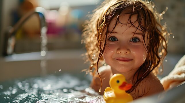 portrait of small child girl taking bath in tub with rubbber duck