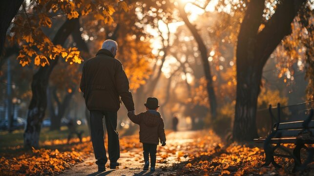 Elderly Man Grandfather Walking With Child Grandson Holding Hand In Park