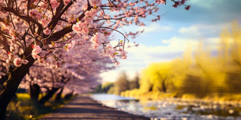 Fototapeta premium Dreamy ultra-wide spring landscape with soft-focus flowering willow branches swaying over a pathway, against a vibrant garden and sky