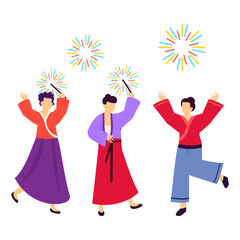 People Having Fun and Dance for upcoming year Party Night concept, joyfully lighting firecrackers vector design, Chinese New Years Eve symbol, Year of the Dragon sign China Spring Festival scene stock