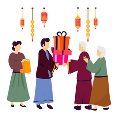 Family members are exchanging the Gifts upcoming Year concept, fostering a sense of joy and connection vector design, Chinese New Years Eve symbol, Year of the Dragon sign, China Spring Festival scene